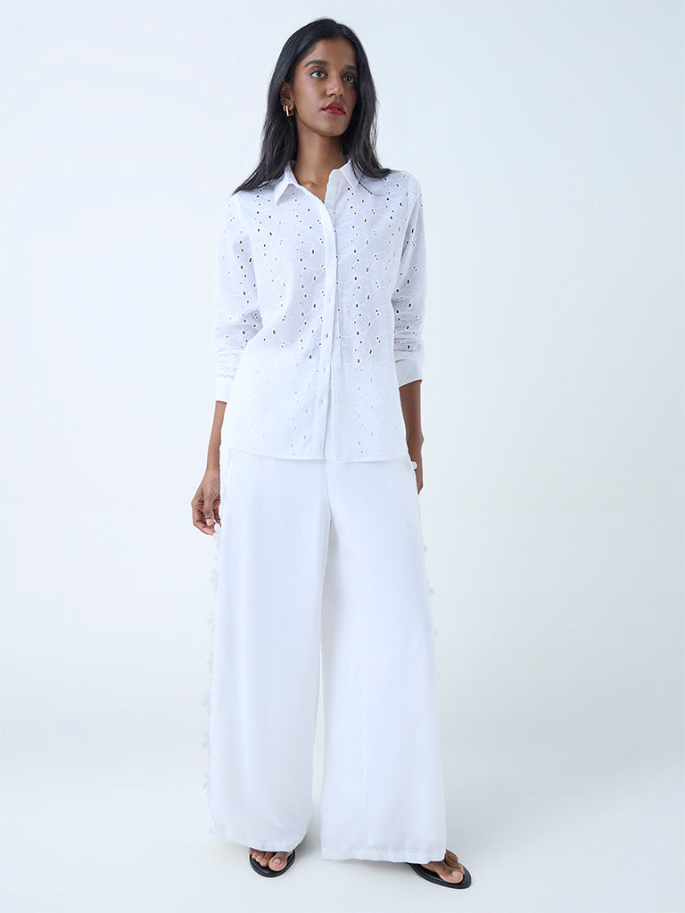 Westside LOV Women's White Schiffli Detailed Cotton Shirt for Casual Wear Full View