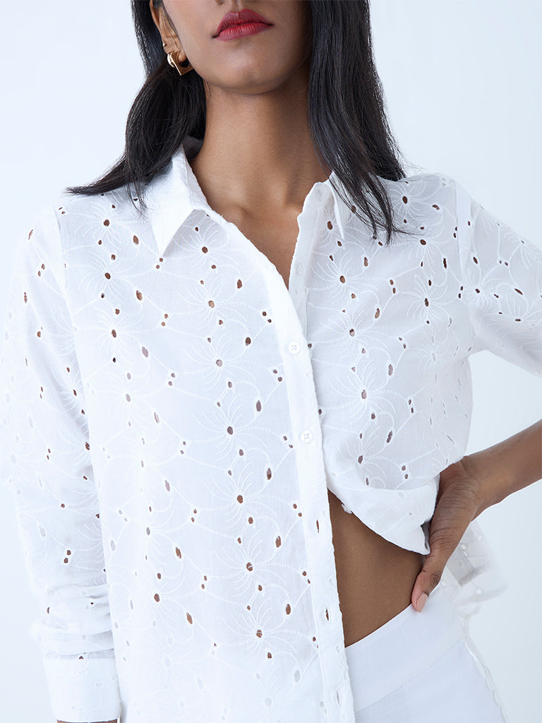 Westside LOV Women's White Schiffli Detailed Cotton Shirt for Casual Wear Zoomed View