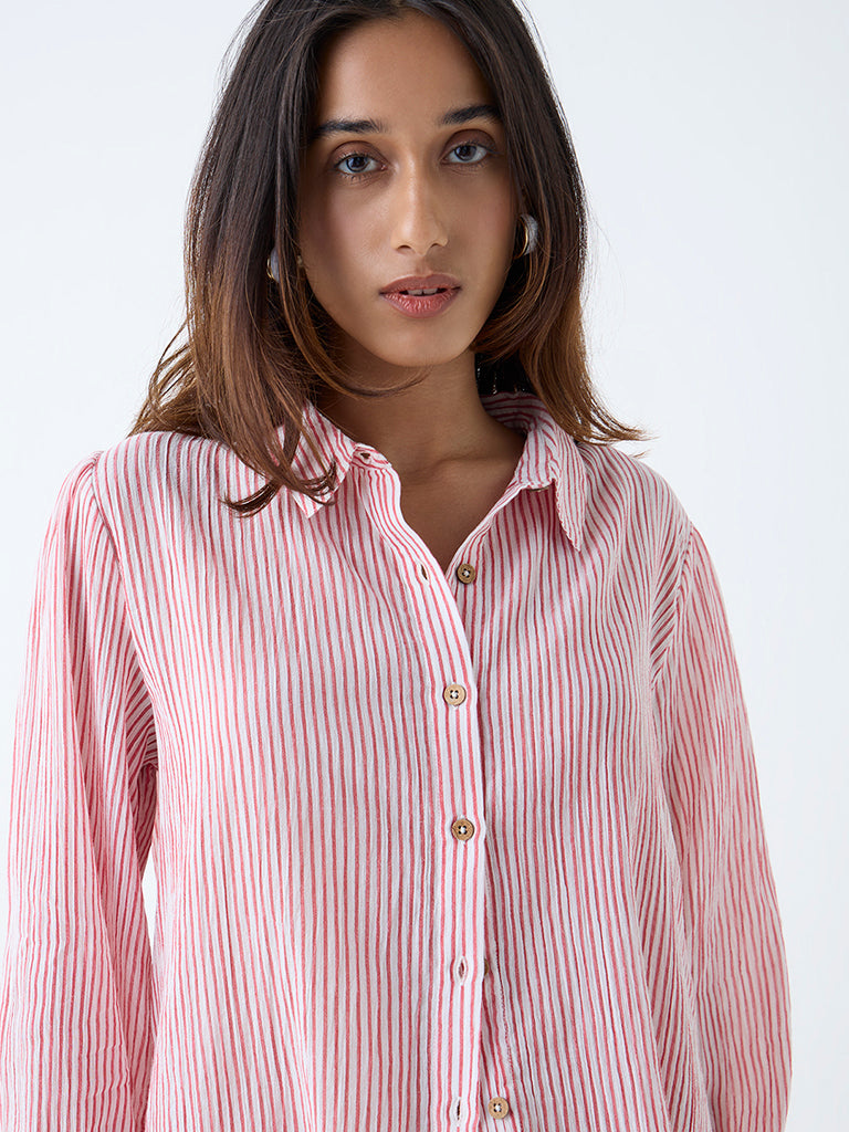 Westside LOV Women's Red Stripe Patterned Cotton Shirt for Casual Wear Zoomed View