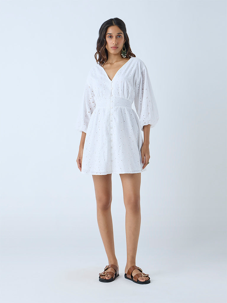Westside LOV Women's White Broderie Anglaise Cotton A-Line Dress for Casual Wear Full View