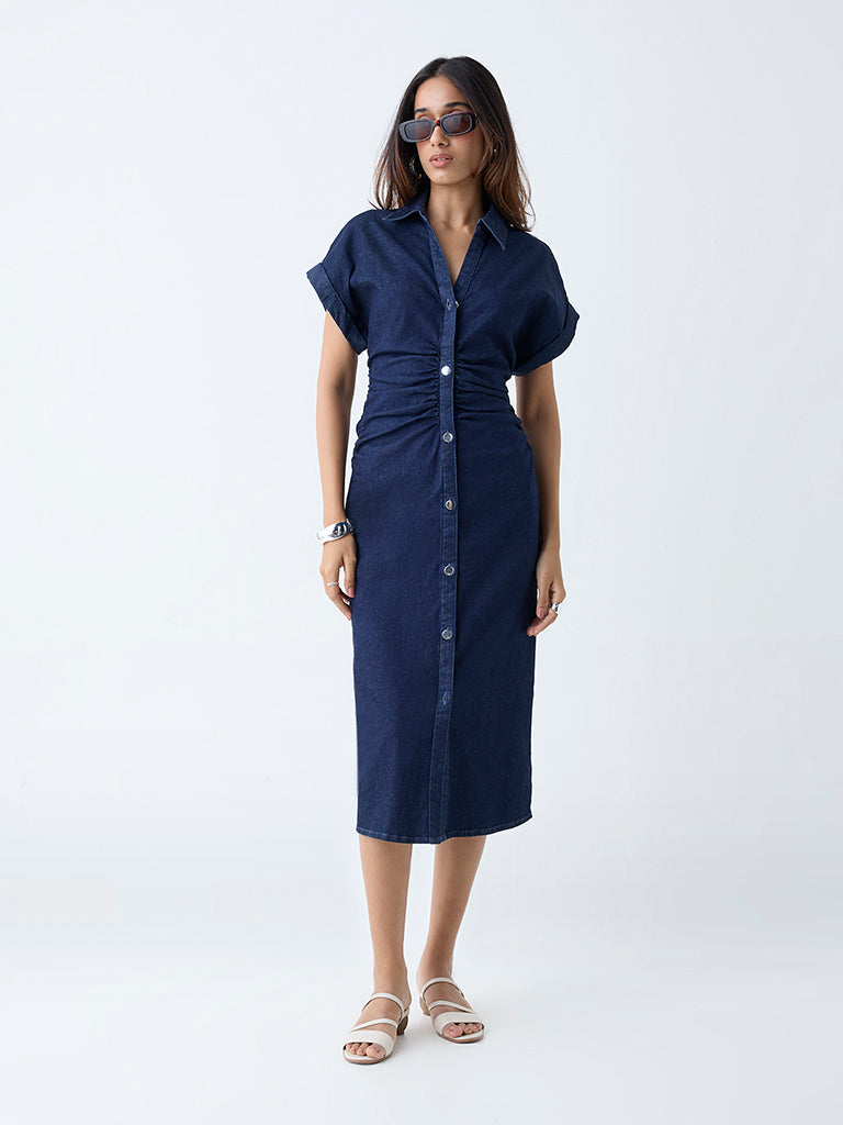 Westside LOV Women's Dark Blue Ruched Denim Shirt Dress for Casual Wear Full View