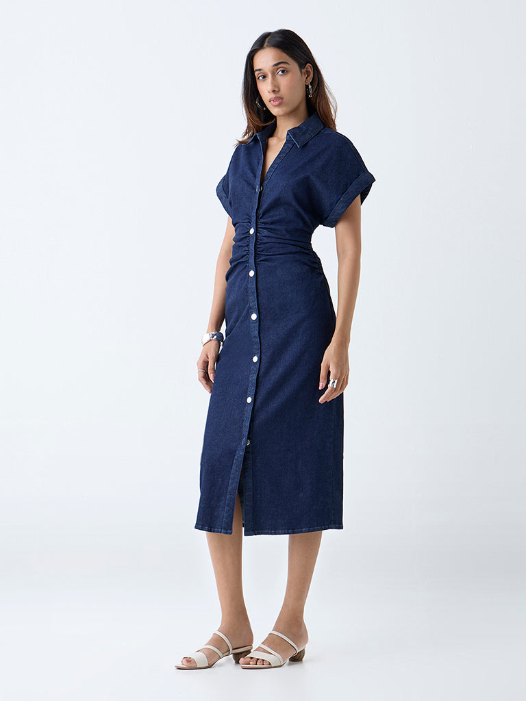 Westside LOV Women's Dark Blue Ruched Denim Shirt Dress for Casual Wear Front View