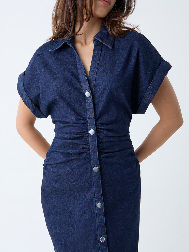 Westside LOV Women's Dark Blue Ruched Denim Shirt Dress for Casual Wear Zoomed View