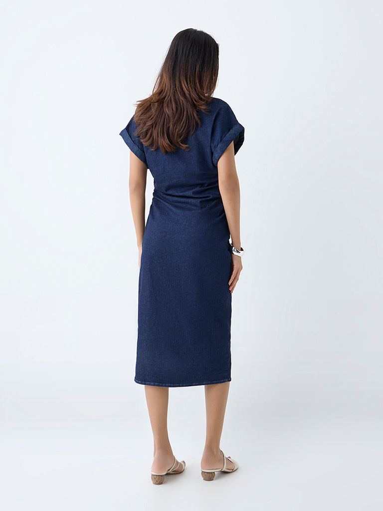 Westside LOV Women's Dark Blue Ruched Denim Shirt Dress for Casual Wear Back View