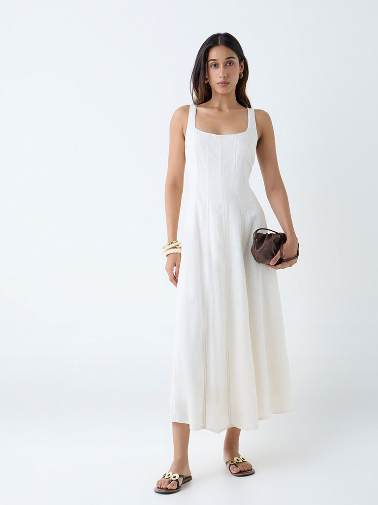 Westside LOV Women's Off-White Solid A-Line Dress for Casual Wear Full View