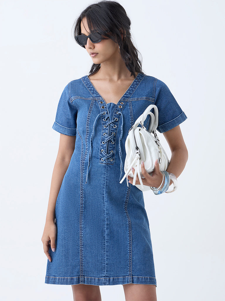 LOV Blue Criss-Cross Detailed Denim A-Line Dress