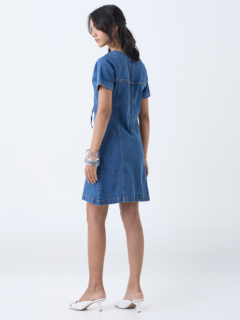 LOV Blue Criss-Cross Detailed Denim A-Line Dress