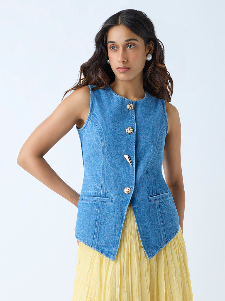 Westside LOV Women's Blue Denim Vest Top for Casual Wear Full View