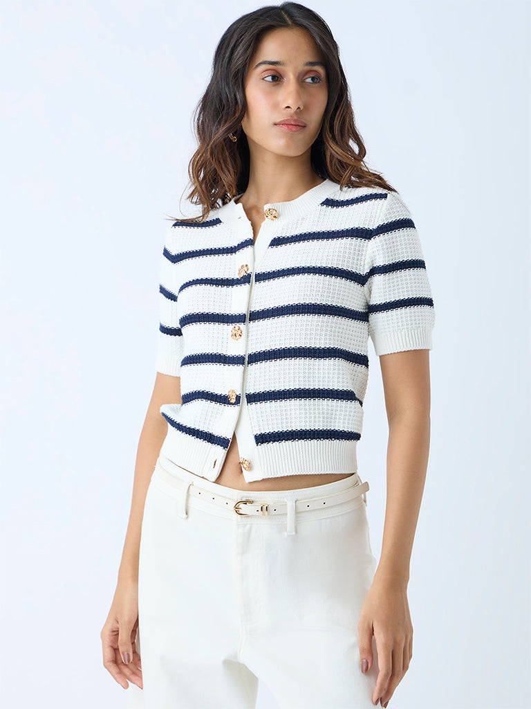 Westside LOV Women's White Striped Knit-Textured Cotton Cardigan for Winter Wear Front View