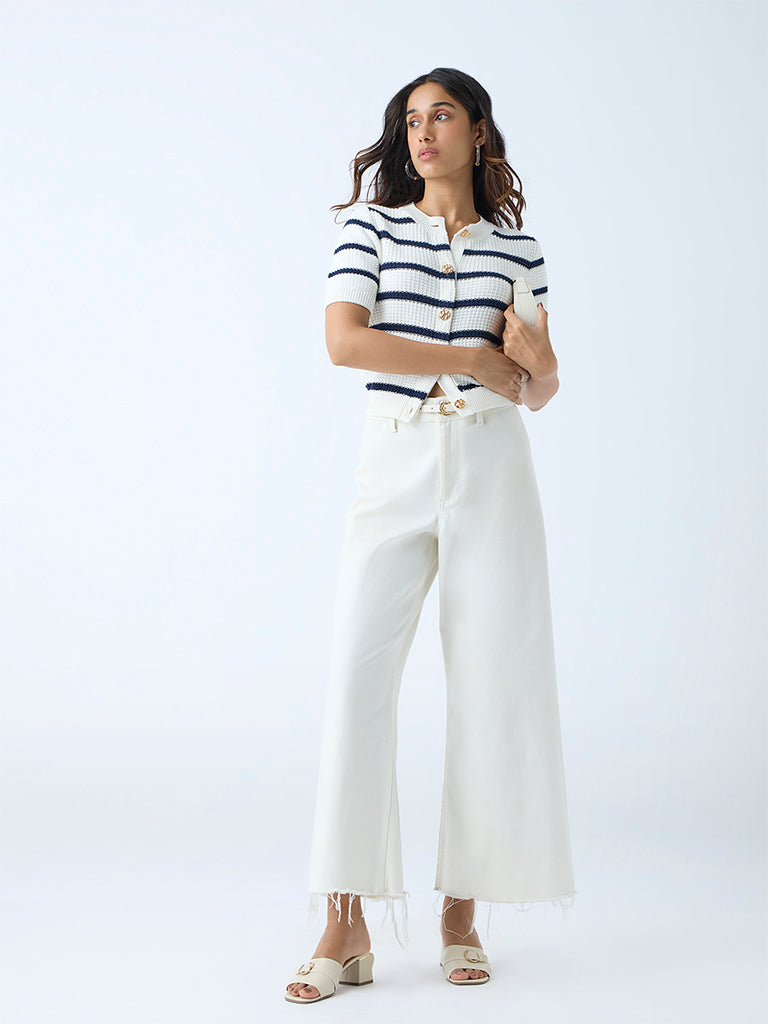 Westside LOV Women's White Striped Knit-Textured Cotton Cardigan for Winter Wear Full View