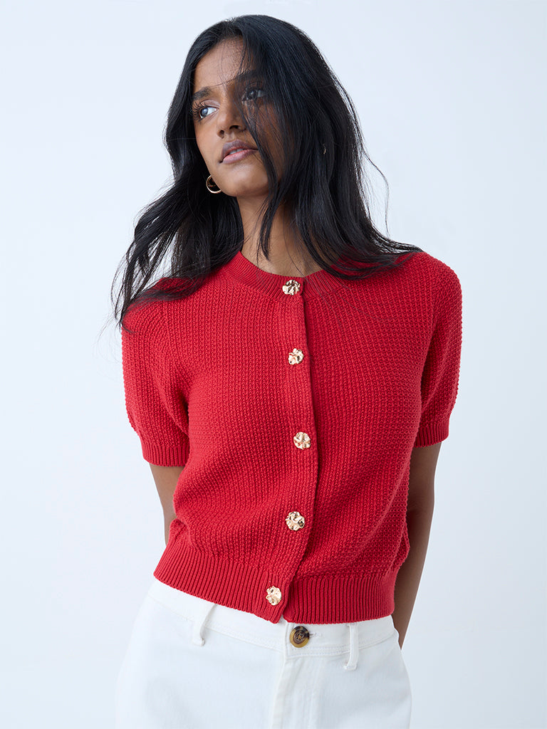 Westside LOV Women's Red Knit-Textured Cotton Cardigan for Winter Wear Front View