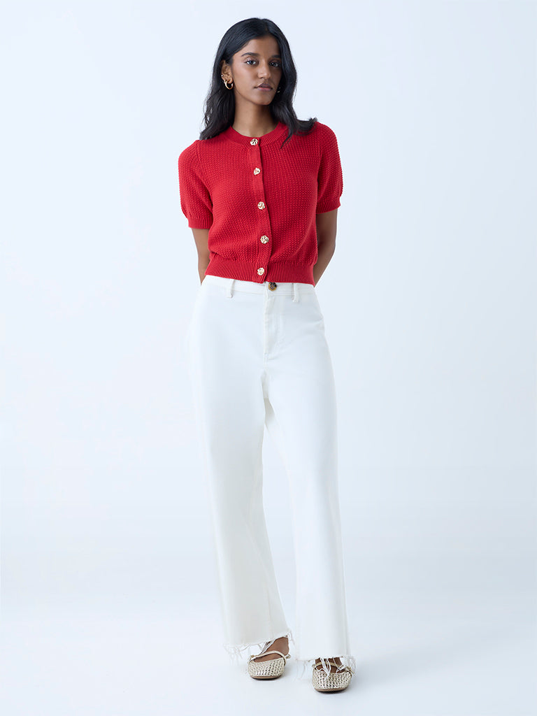 Westside LOV Women's Red Knit-Textured Cotton Cardigan for Winter Wear Full View