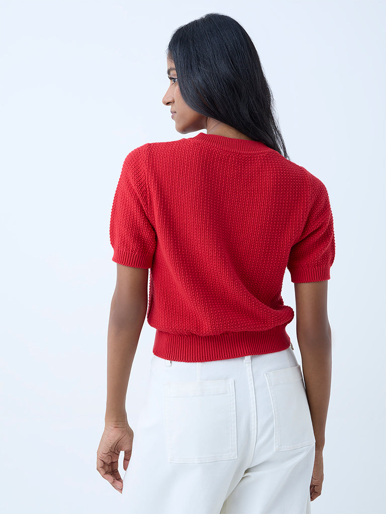 Westside LOV Women's Red Knit-Textured Cotton Cardigan for Winter Wear Back View