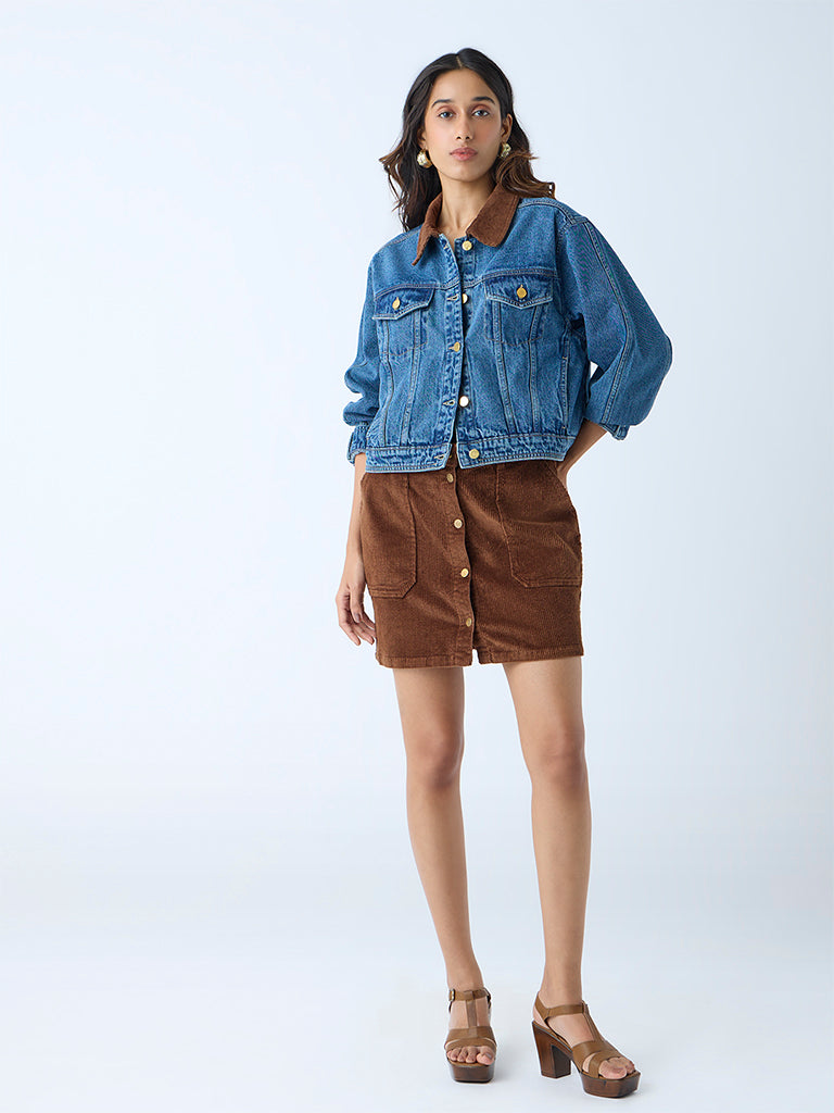 Westside LOV Women's Brown High-Rise Corduroy Skirt for Casual Wear Full View