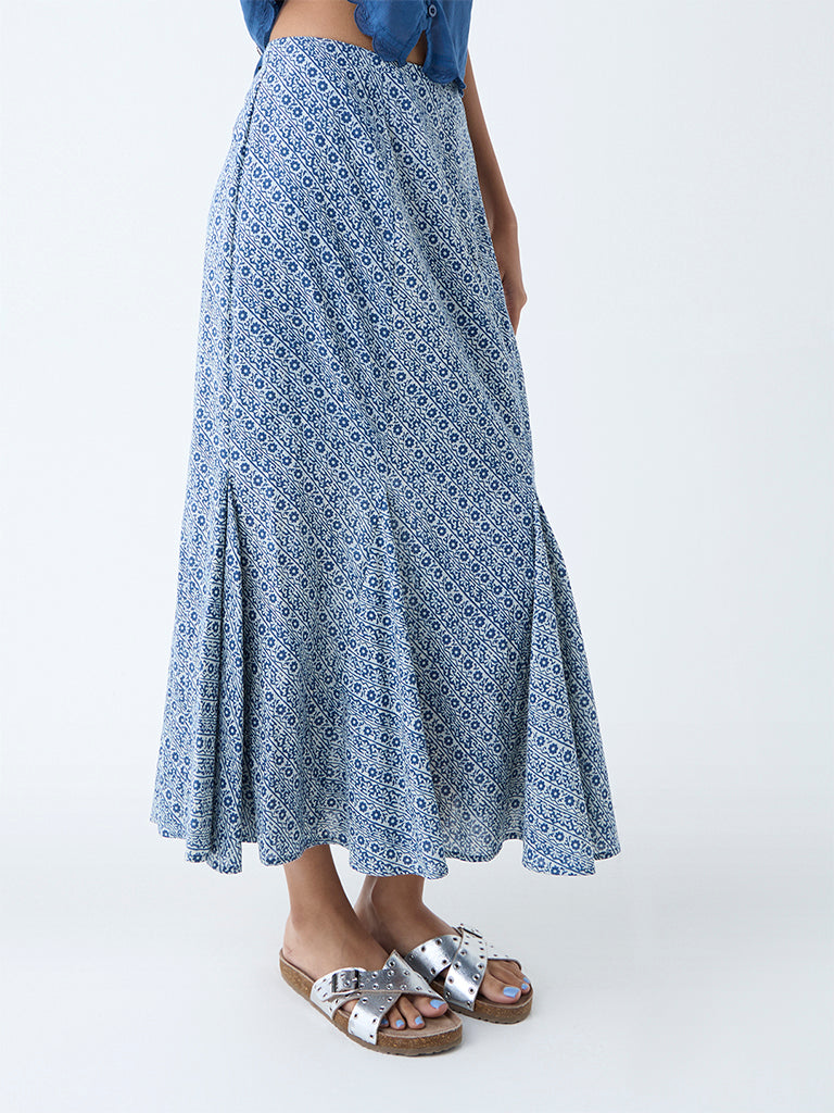 Westside Bombay Paisley Women's Blue Floral Detailed Cotton Skirt for Everyday Front View