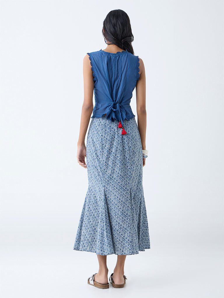 Westside Bombay Paisley Women's Blue Floral Detailed Cotton Skirt for Everyday Back View