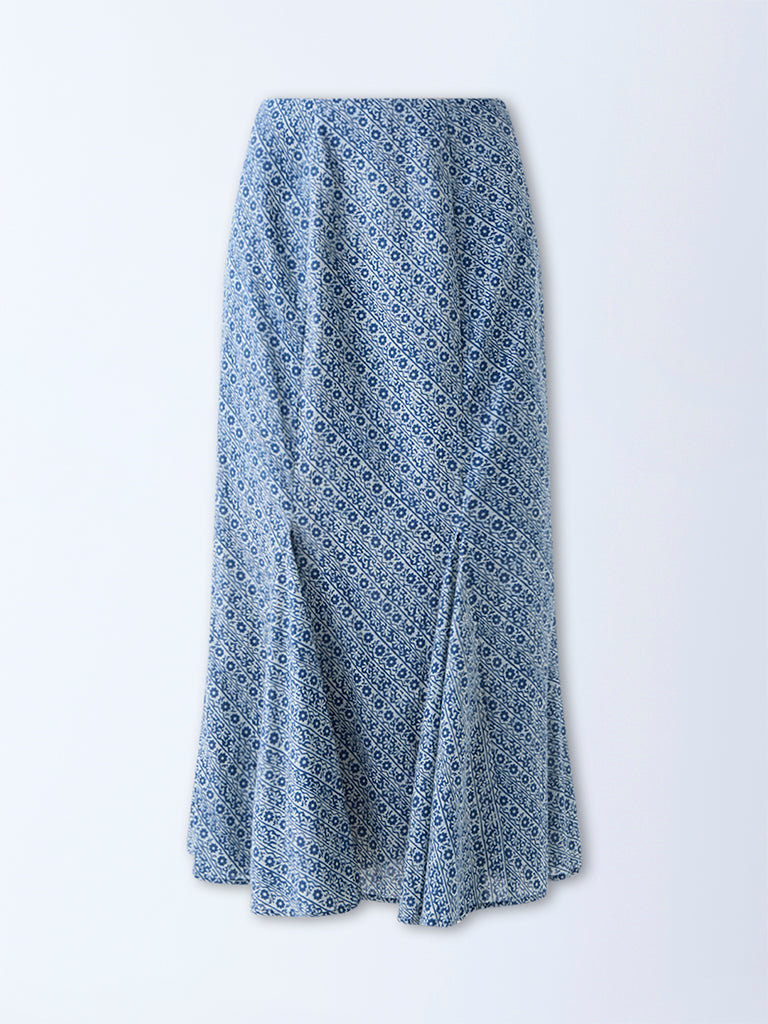 Westside Bombay Paisley Women's Blue Floral Detailed Cotton Skirt for Everyday Flatly