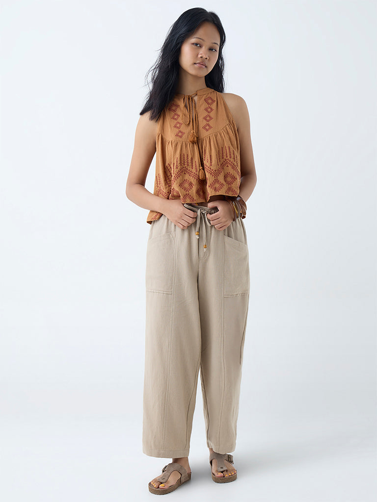 Bombay Paisley Taupe Solid Cotton-Blend Pants