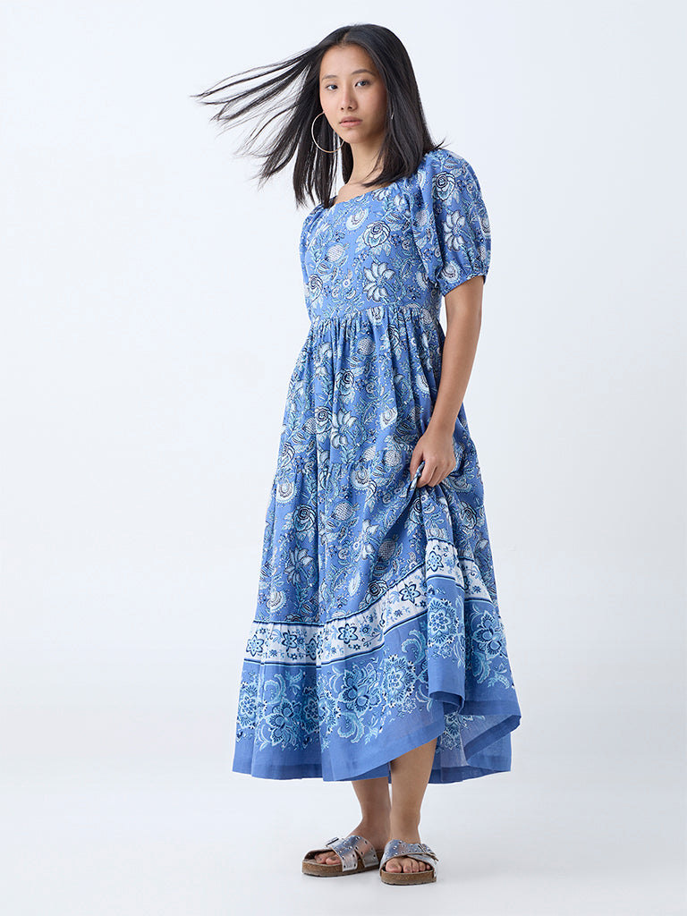 Westside Bombay Paisley Women's Blue Floral Pattern Cotton A-Line Dress for Everyday Front View