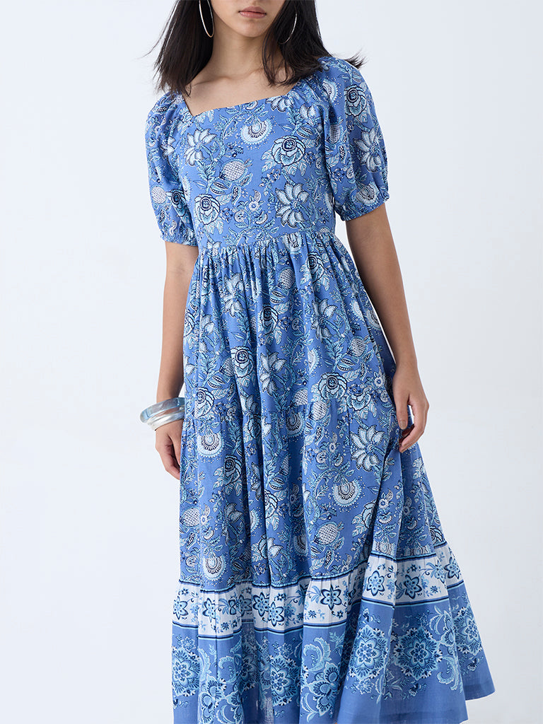 Westside Bombay Paisley Women's Blue Floral Pattern Cotton A-Line Dress for Everyday Zoomed View