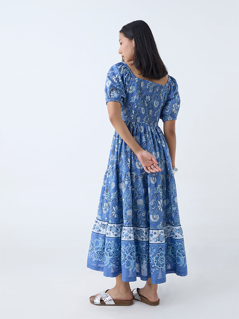 Westside Bombay Paisley Women's Blue Floral Pattern Cotton A-Line Dress for Everyday Back View