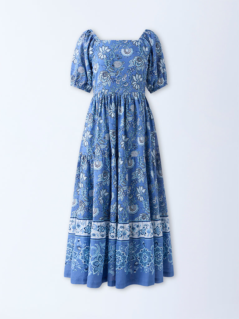 Westside Bombay Paisley Women's Blue Floral Pattern Cotton A-Line Dress for Everyday Flatly