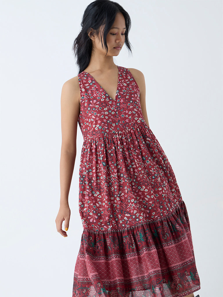 Westside Bombay Paisley Women's Maroon Floral Pattern Cotton Tiered Dress for Everyday Front View