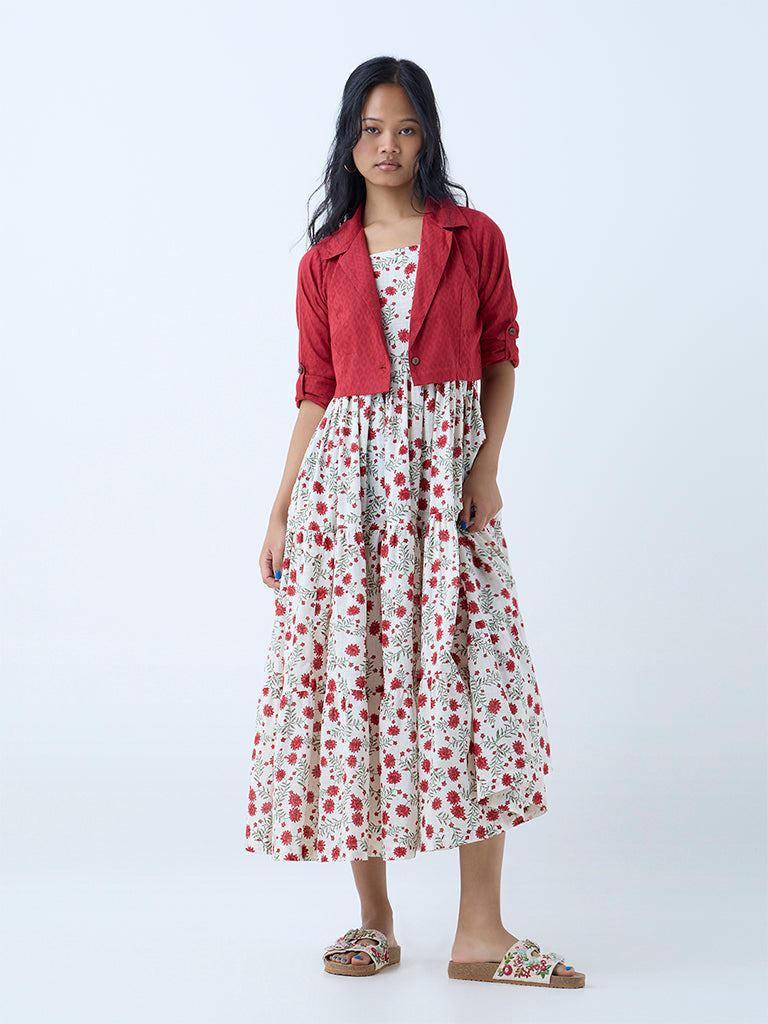 Westside Bombay Paisley Women's Red Floral Print Cotton Tiered Dress with Jacket for Everyday Front View