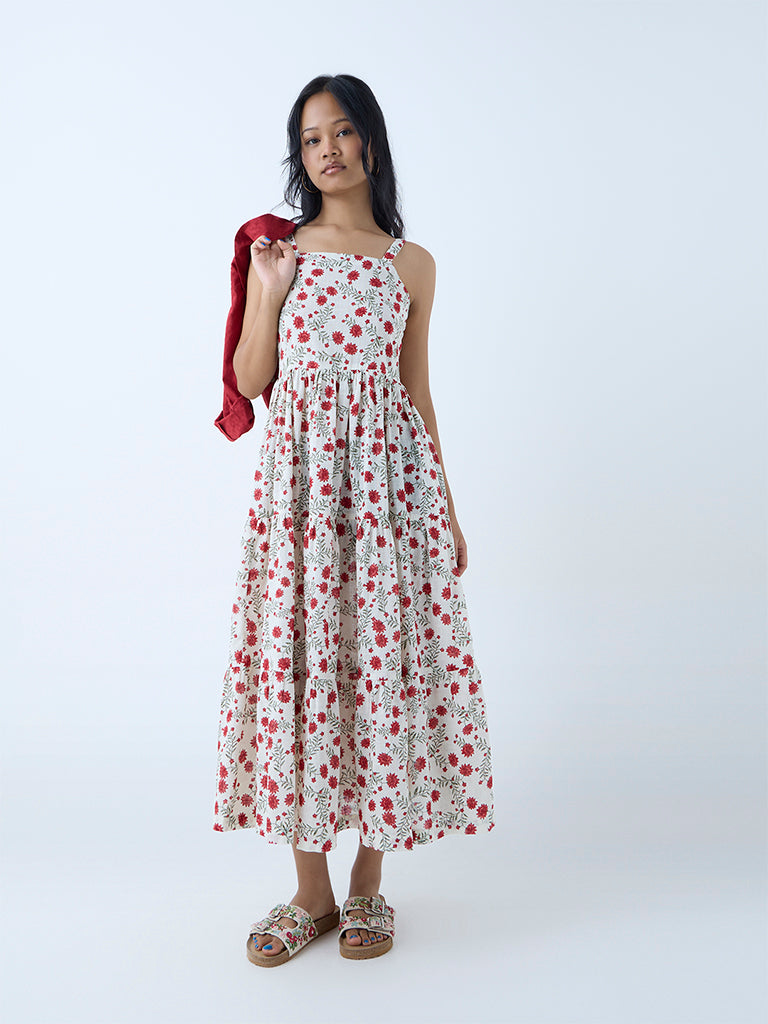 Westside Bombay Paisley Women's Red Floral Print Cotton Tiered Dress with Jacket for Everyday Full View