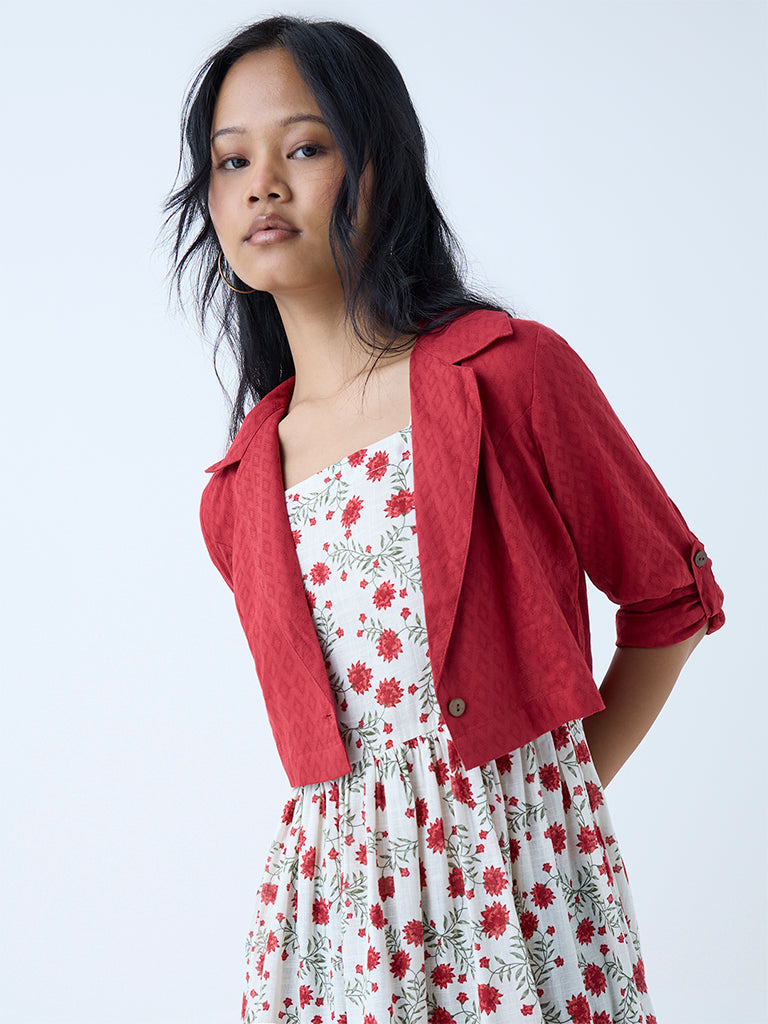 Westside Bombay Paisley Women's Red Floral Print Cotton Tiered Dress with Jacket for Everyday Zoomed View
