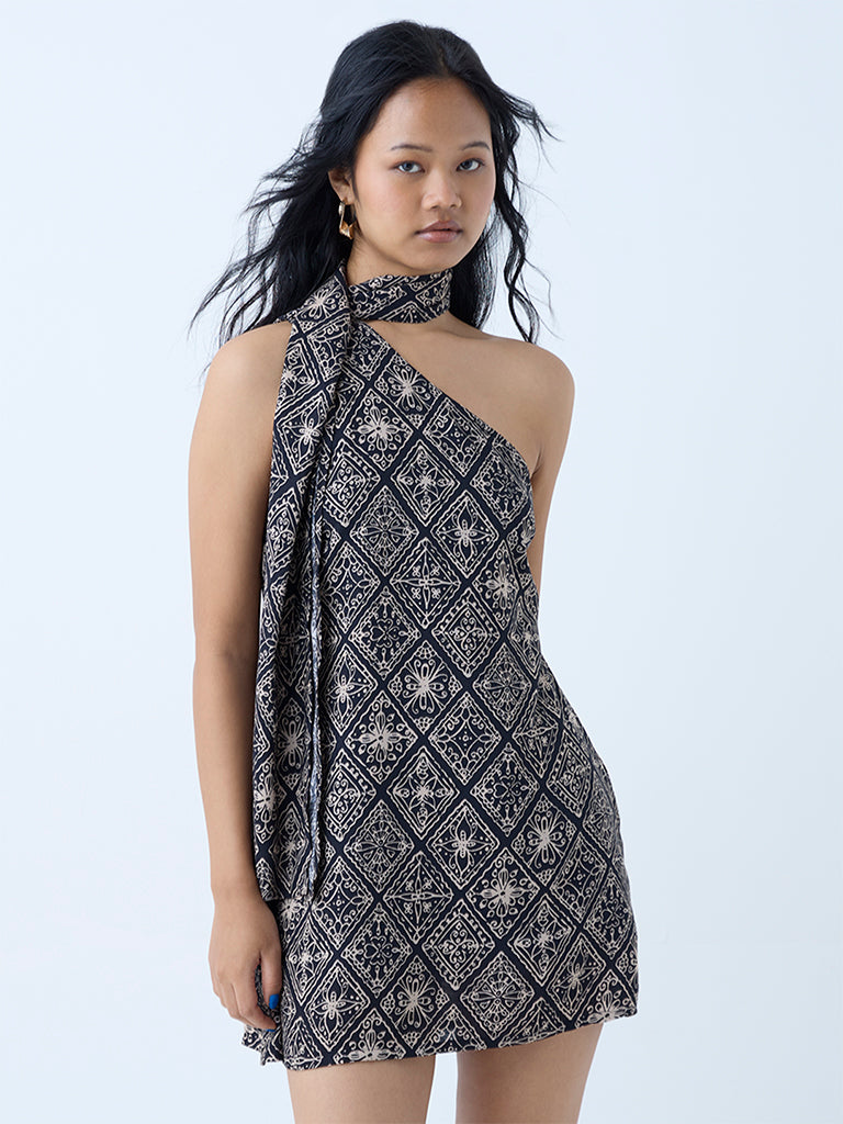 Bombay Paisley Black Printed One-Shoulder Dress