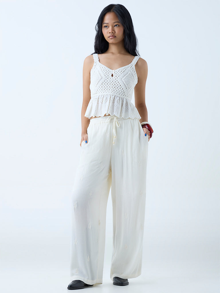 Buy Bombay Paisley White Crochet-Detailed Cotton Top from Westside