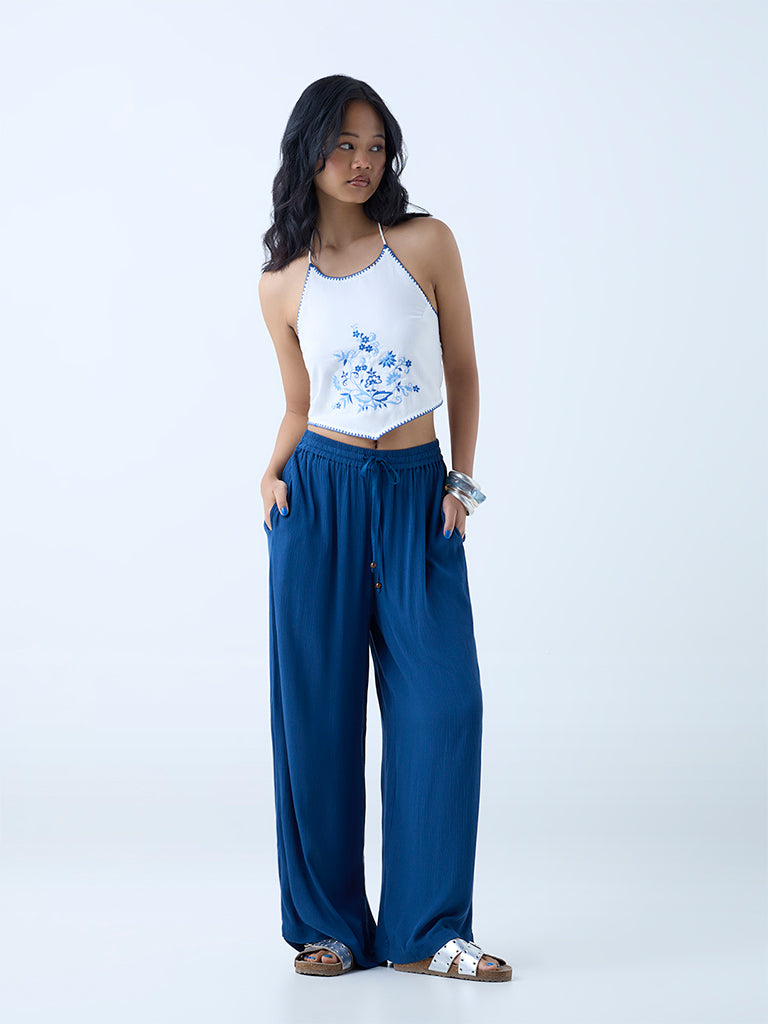 Westside Bombay Paisley Women's White Floral Embroidered Cotton-Blend Top for Everyday Full View