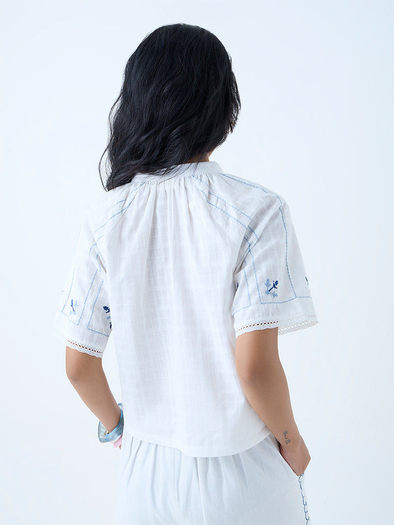 Westside Bombay Paisley Women's White Embroidered Cotton Top for Everyday Back View