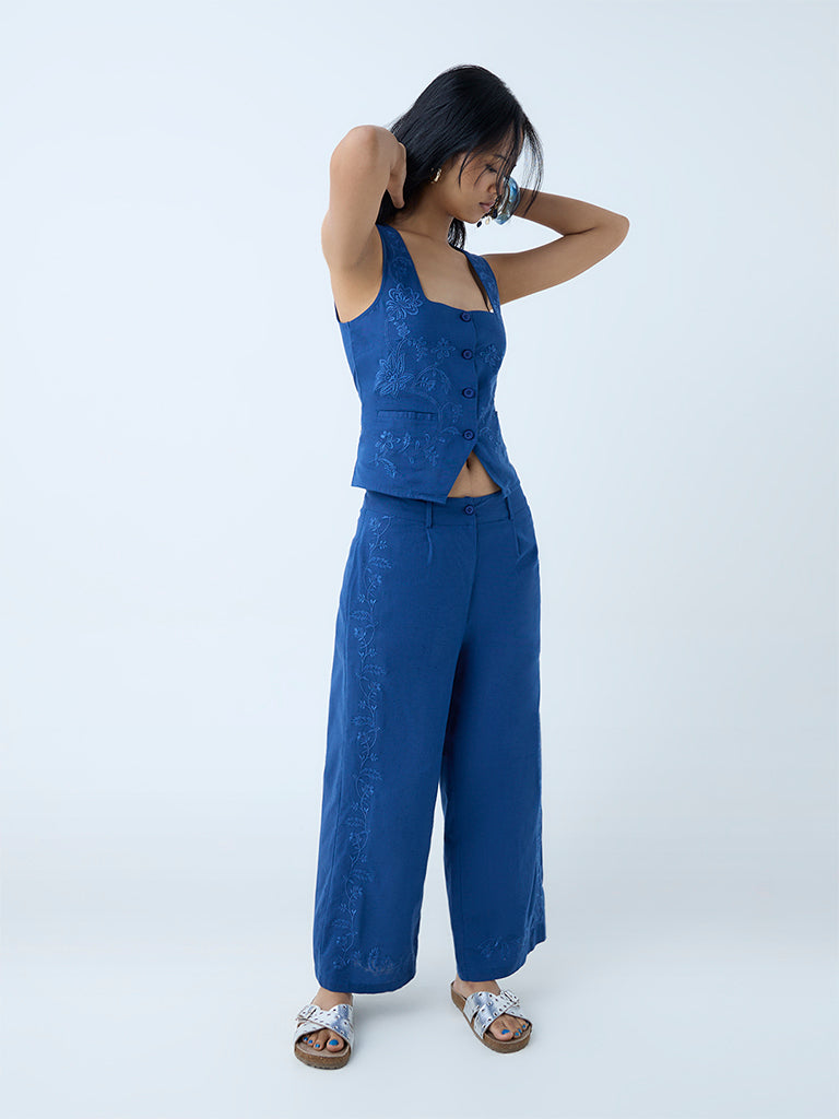 Westside Bombay Paisley Women's Blue Embroidered Cotton-Blend Waistcoat for Everyday Full View