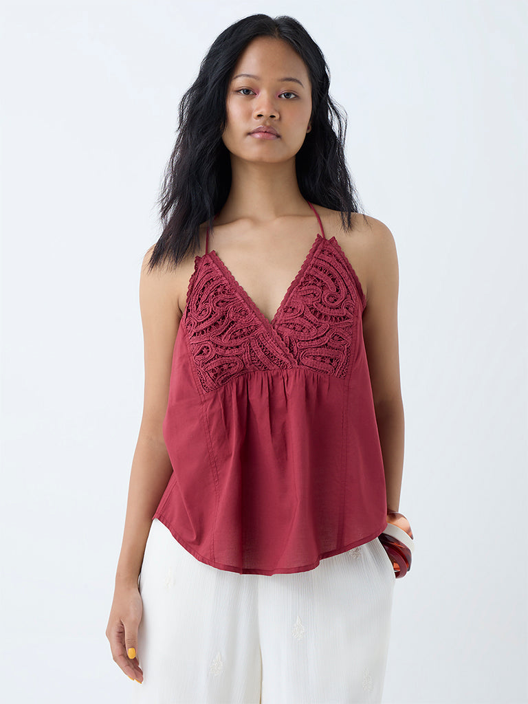 Westside Bombay Paisley Women's Red Embroidered Cotton Top for Everyday Front View