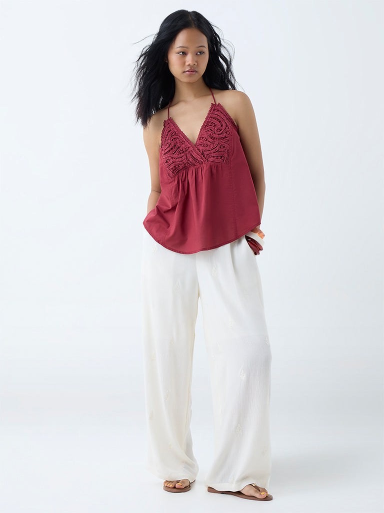 Westside Bombay Paisley Women's Red Embroidered Cotton Top for Everyday Full View