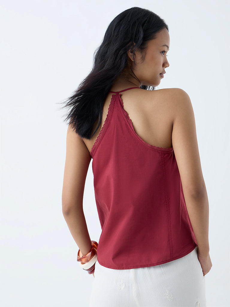 Westside Bombay Paisley Women's Red Embroidered Cotton Top for Everyday Back View