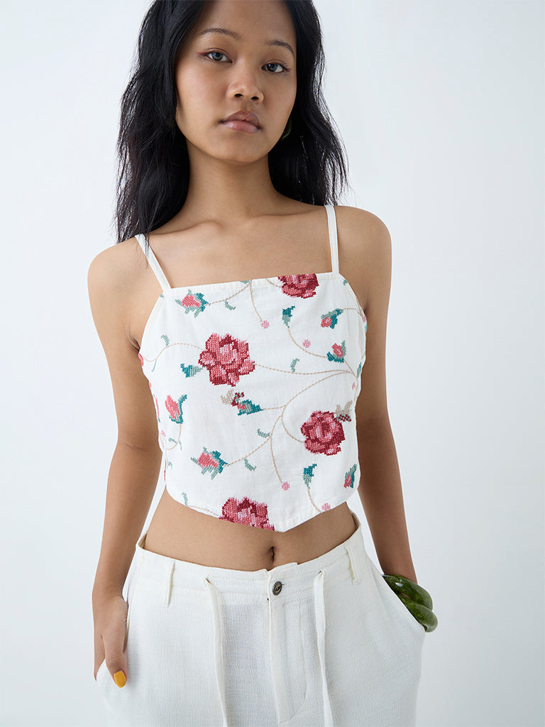 Westside Bombay Paisley Women's Ivory Floral Embroidered Cotton-Blend Top for Everyday Front View