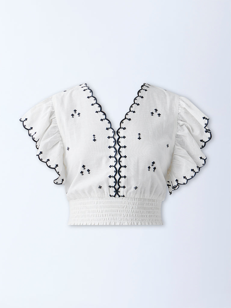 Bombay Paisley Off-White Embroidered Cotton Top