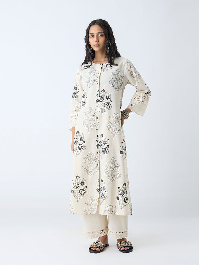 Westside Utsa Women's Off-White Anar Design A-Line Cotton-Blend Kurta for Work Wear Front View