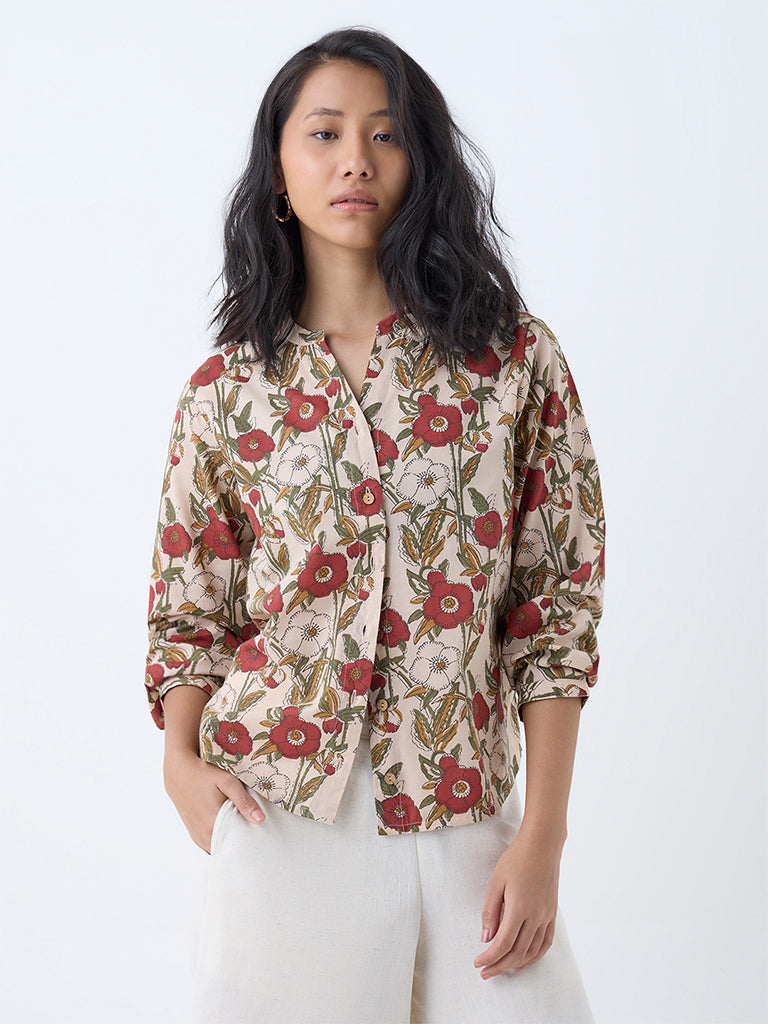 Westside Utsa Women's Multicolour Floral Pattern Cotton Tunic for Everyday Front View