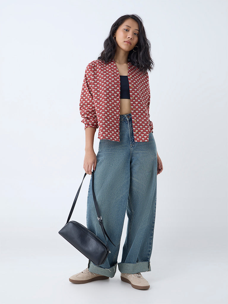 Westside Utsa Women's Red Floral Pattern Cotton Tunic for Everyday Front View