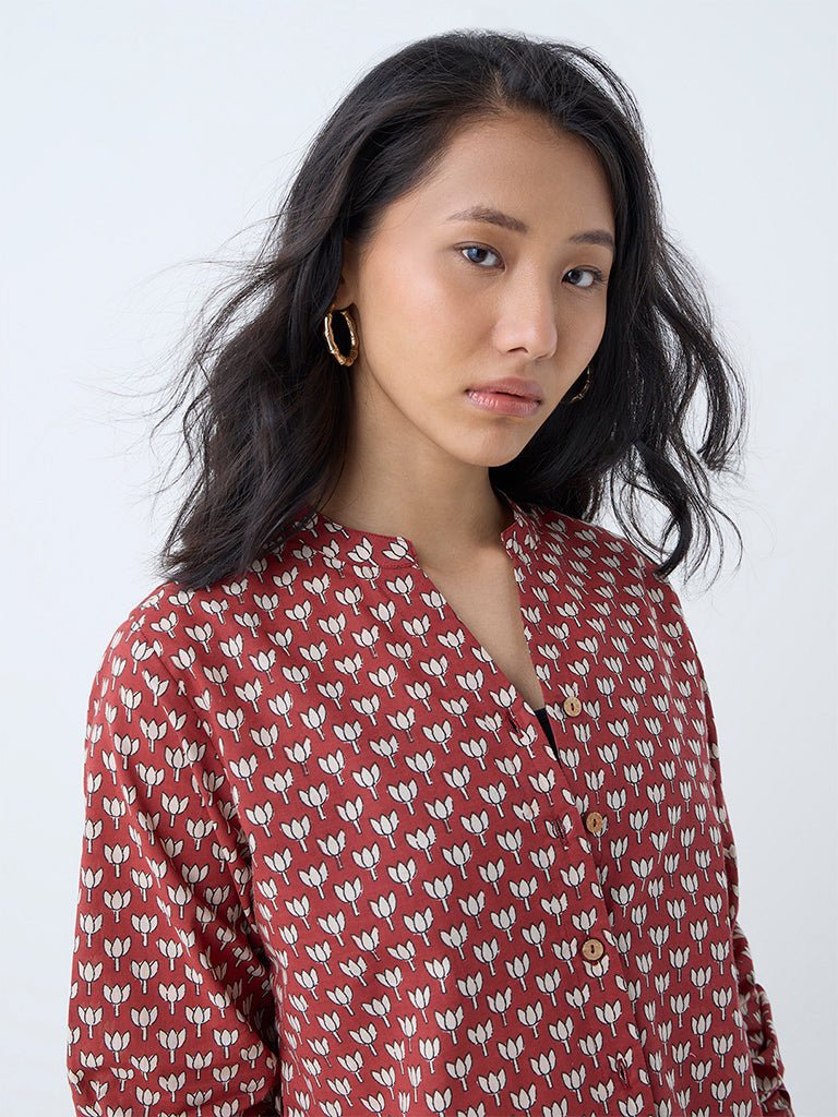 Westside Utsa Women's Red Floral Pattern Cotton Tunic for Everyday Zoomed View