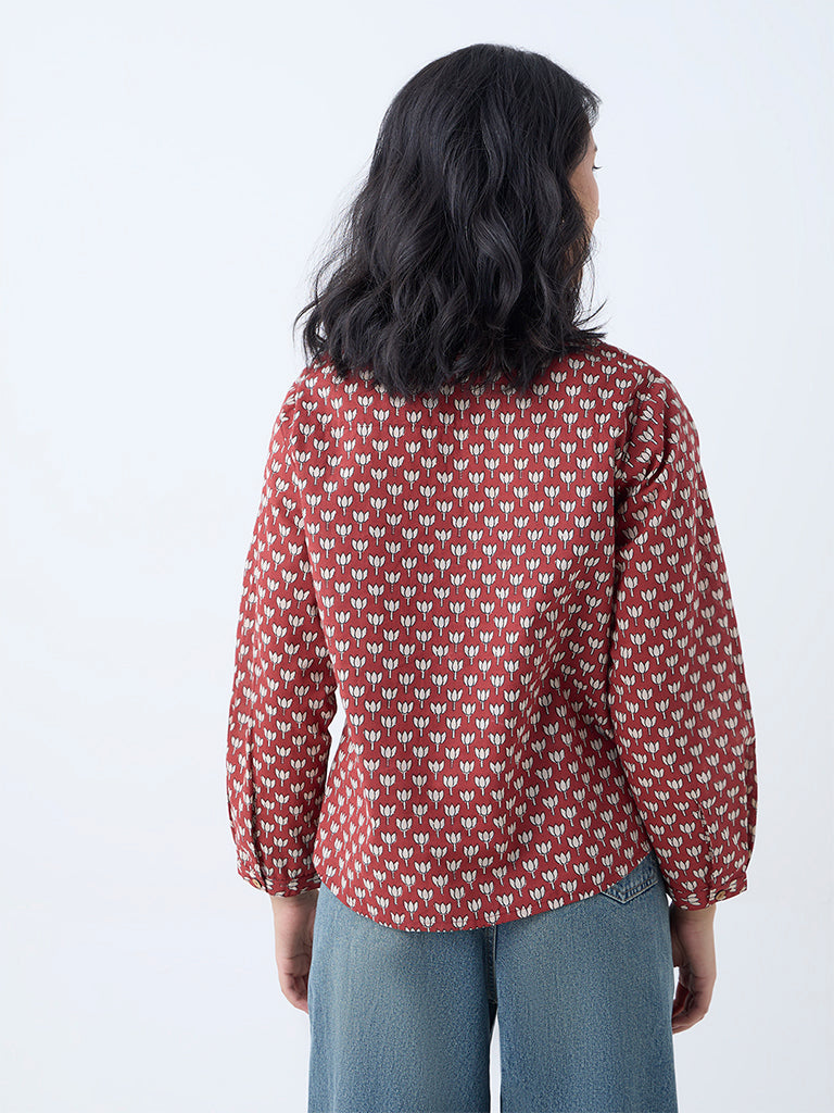 Westside Utsa Women's Red Floral Pattern Cotton Tunic for Everyday Back View