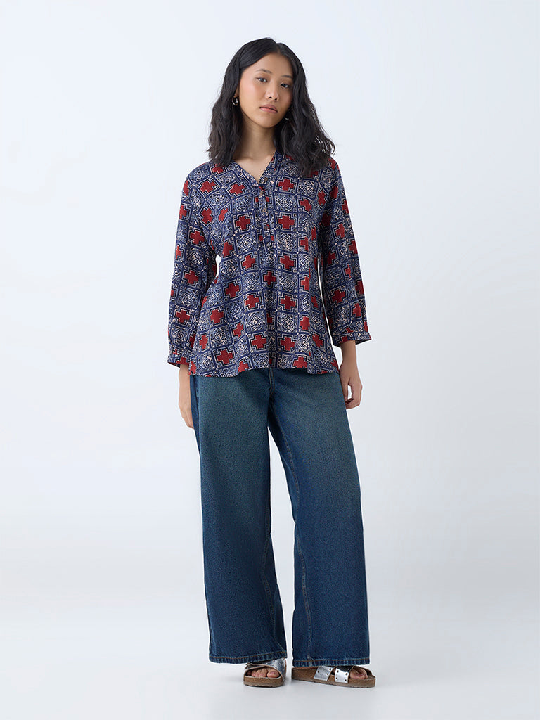 Westside Utsa Women's Blue Abstract Printed Tunic for Everyday Full View