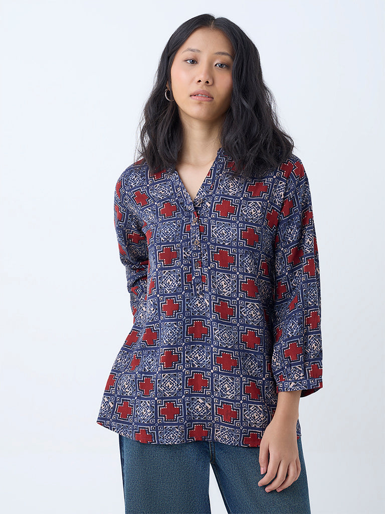 Westside Utsa Women's Blue Abstract Printed Tunic for Everyday Front View
