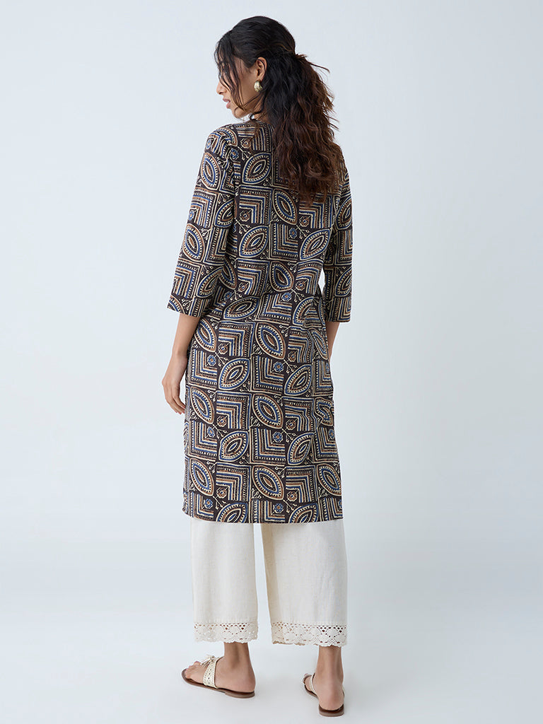 Westside Utsa Women's Dark Brown Printed Straight Kurta for Everyday Back View