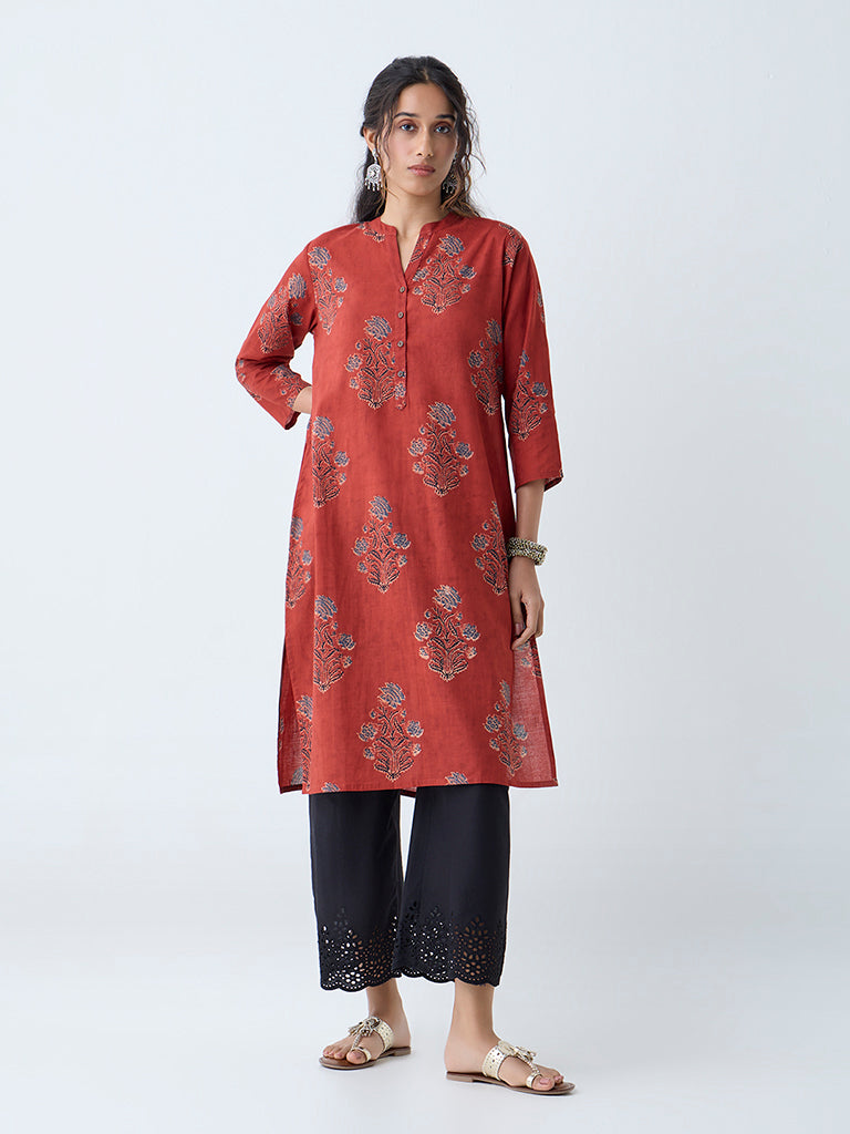 Westside Utsa Women's Red Floral Pattern Straight Cotton Kurta for Everyday Front View