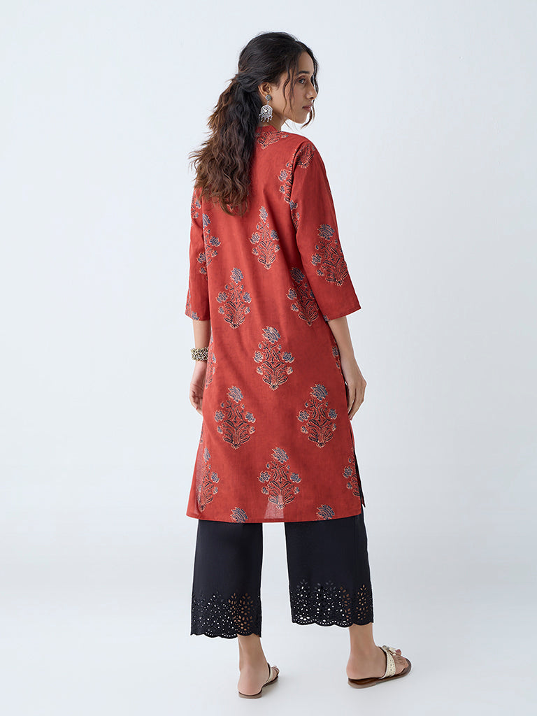 Westside Utsa Women's Red Floral Pattern Straight Cotton Kurta for Everyday Back View